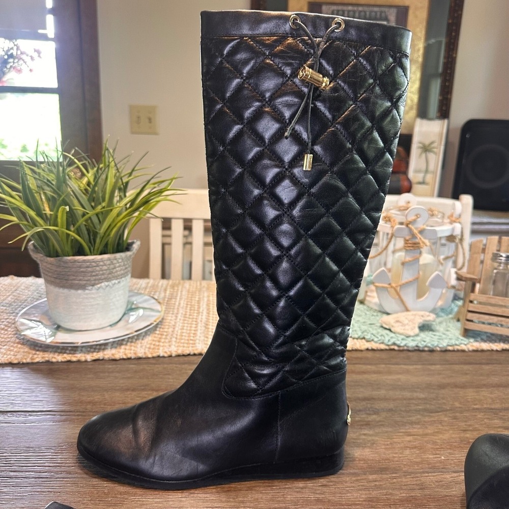 Michael Kors Quilted Leather Riding Boots Knee High Gold MK Detail Black 8M